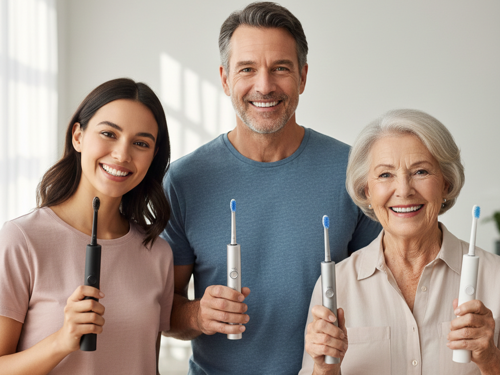 Diverse group of people with recommended electric toothbrushes showing confident smiles