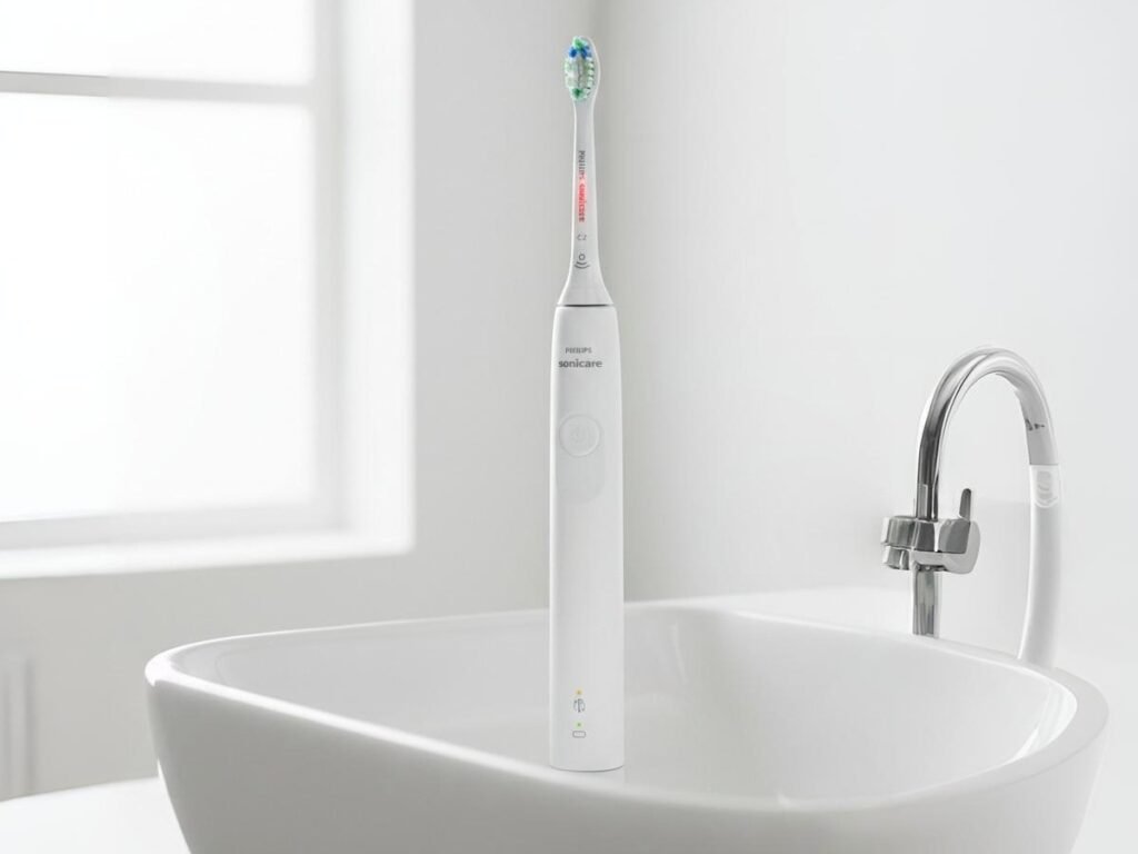 Philips Sonicare 4100 electric toothbrush showcasing simple effective design and pressure sensor