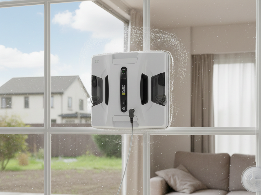 HOBOT 2S product photo on white background, three-quarter view showing design and features, spray bottle accessory beside it, clean product photography, value-oriented presentation