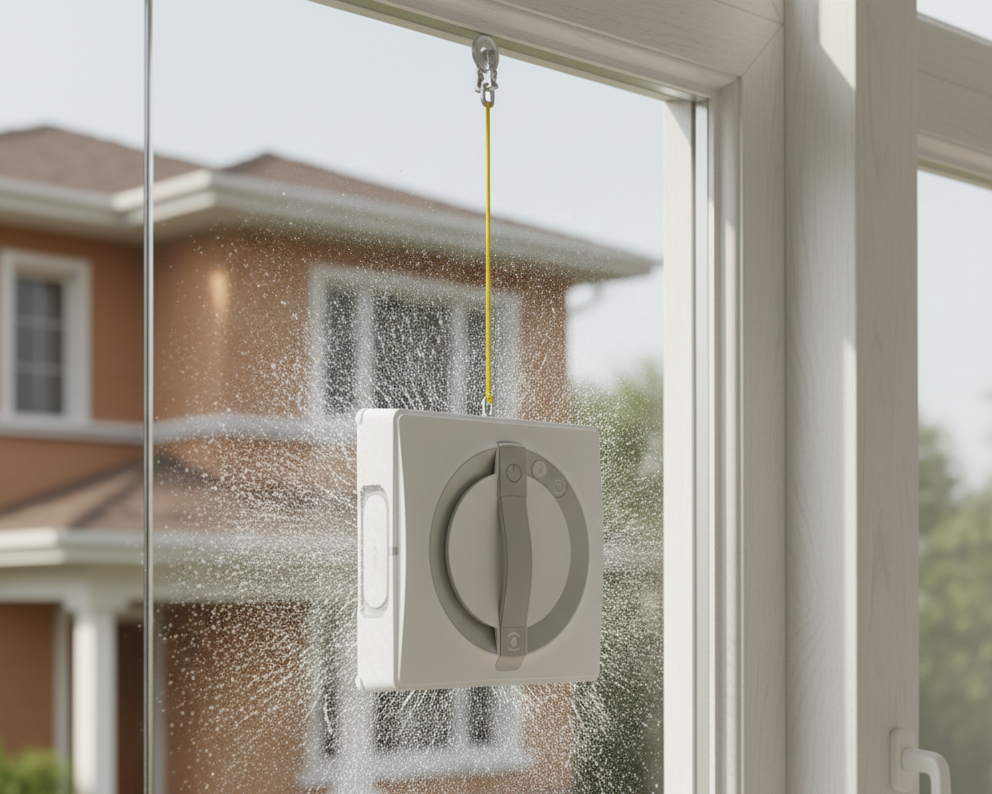 Close-up of safety tether and backup power system on robotic window cleaner, technical safety features highlighted, professional product detail photography, trust-building composition