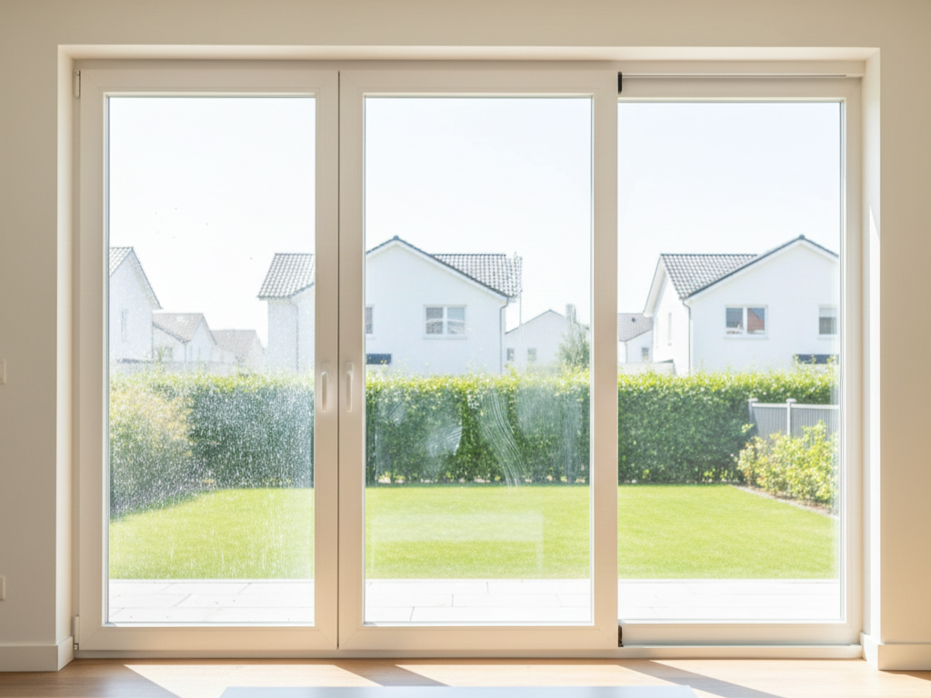 Side-by-side comparison of three windows: dirty window on left, robot-cleaned window in center, manually-cleaned window on right, clear quality differences visible, bright natural lighting, professional comparison photography