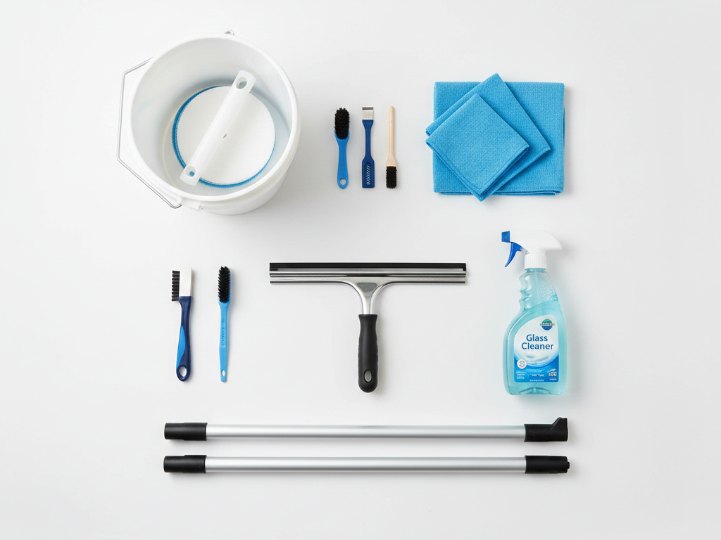 Person using squeegee on window with proper technique, hands visible, streak-free result visible, professional how-to photography style, bright natural lighting, educational demonstration