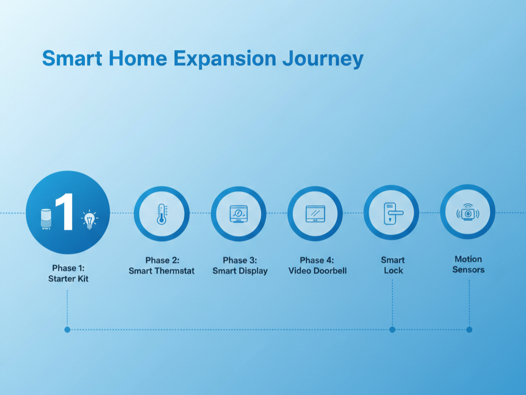 Smart home device expansion timeline showing thermostat, display, doorbell, and sensors