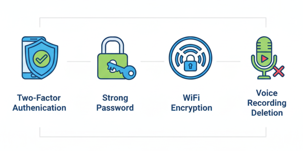 Smart home security icons showing two-factor authentication, strong password, and encryption