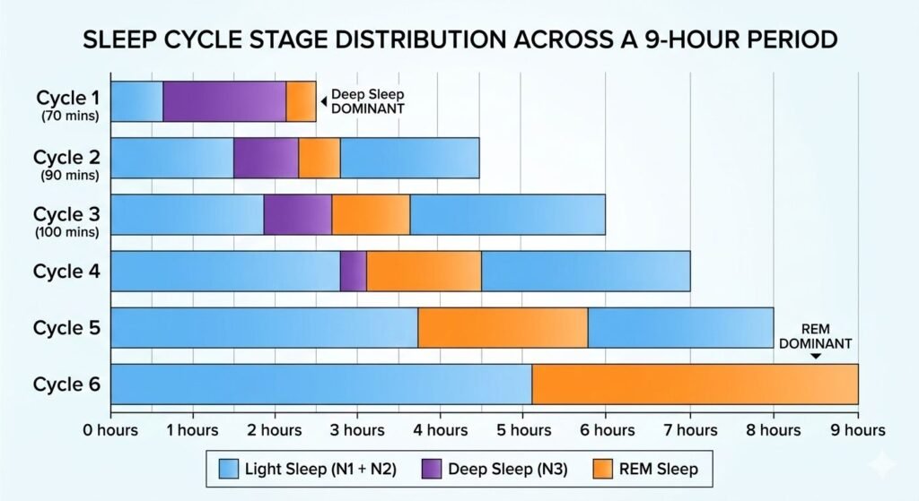 90 minute sleep cycle chart 6 cycles deep sleep REM light sleep distribution night timeline