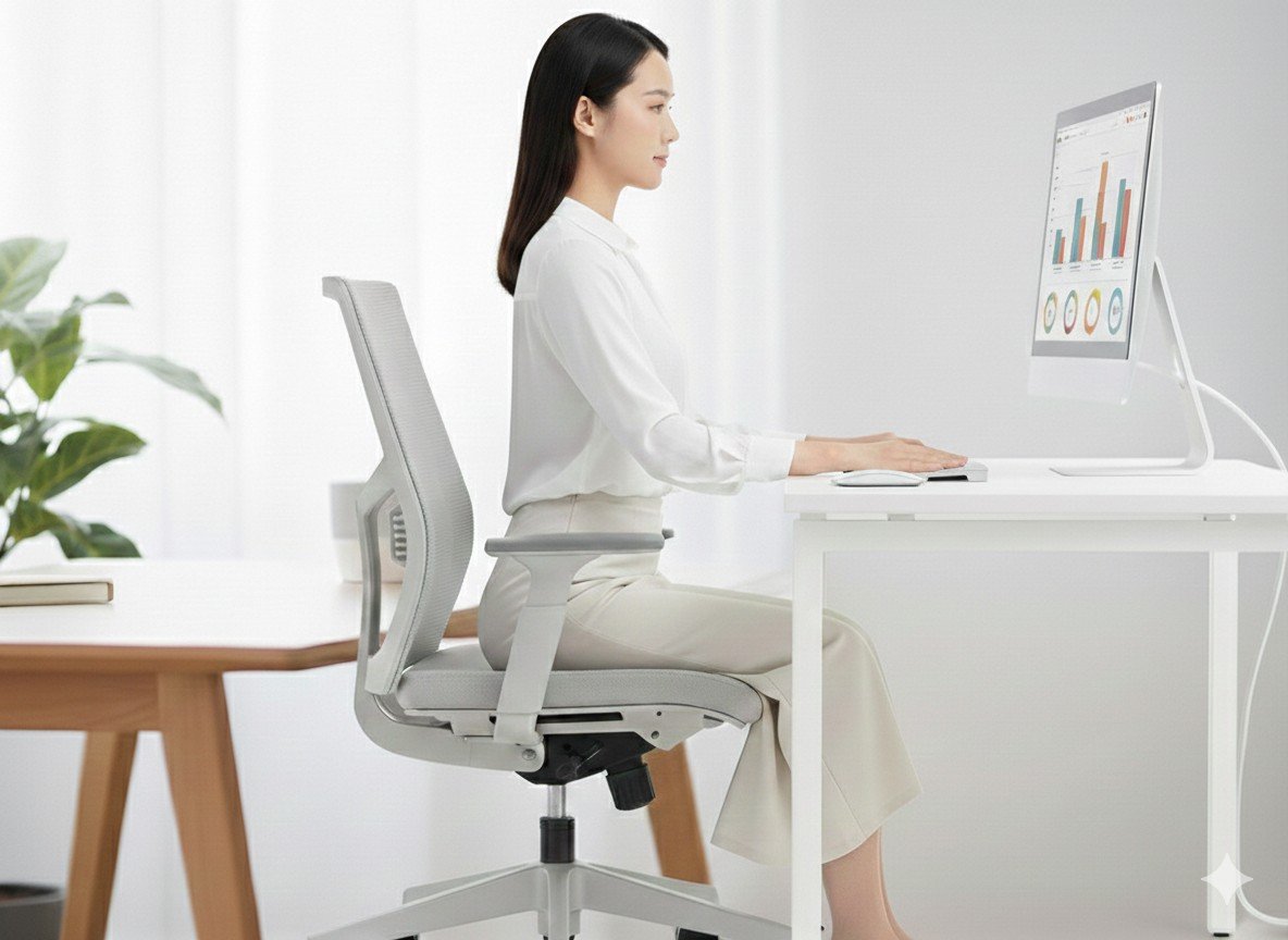 Ergonomic chair correct posture setup guide feet flat knees 90 degrees lumbar support back pain relief