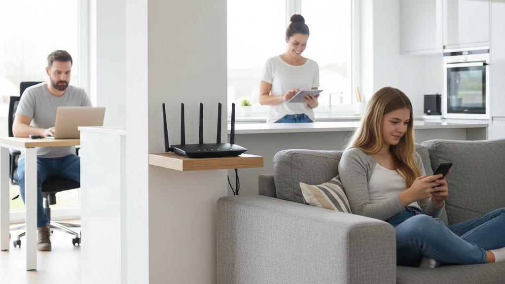 Family using WiFi devices throughout home multiple rooms streaming working connected