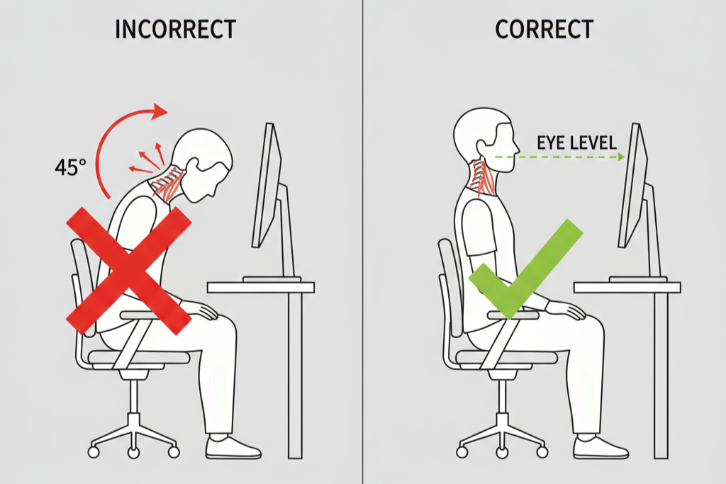 monitor height diagram correct vs incorrect neck angle ergonomic setup spine alignment