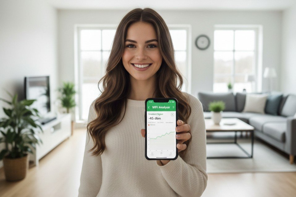 Person testing WiFi signal strength smartphone app different rooms home coverage measurement