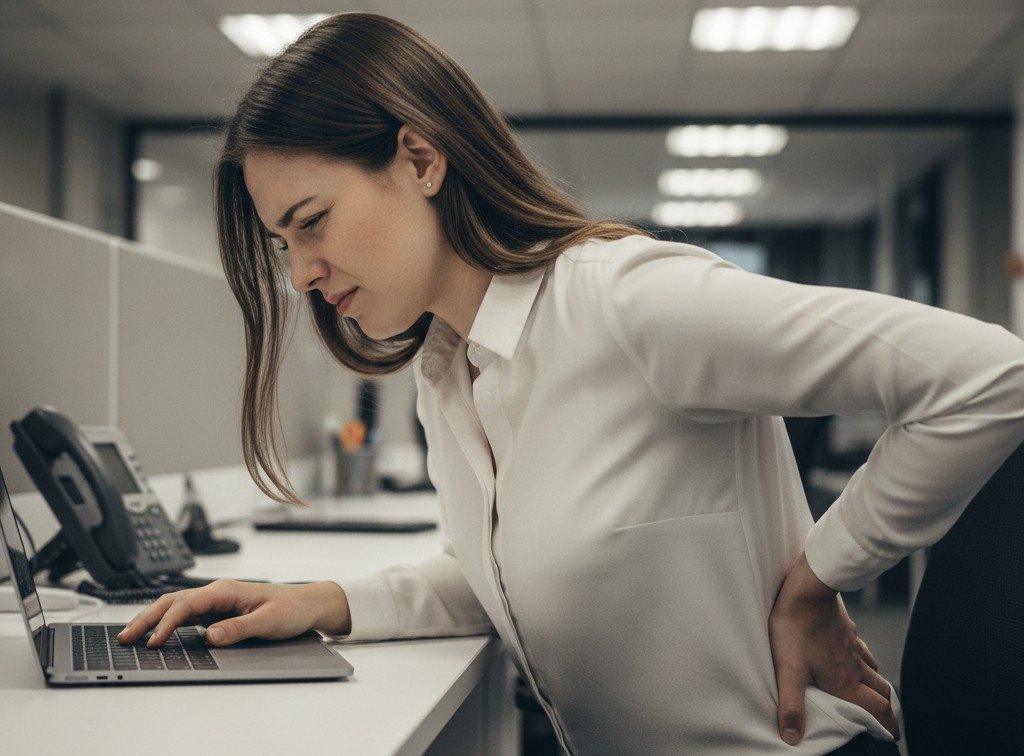 Back pain sitting desk poor posture office worker lower back discomfort ergonomic chair need