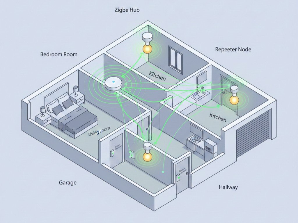 Zigbee mesh network diagram smart home signal repeater nodes floor plan illustration