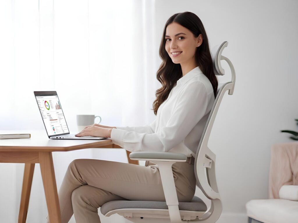 Ergonomic mesh chair back pain relief woman sitting comfortable home office white chair posture