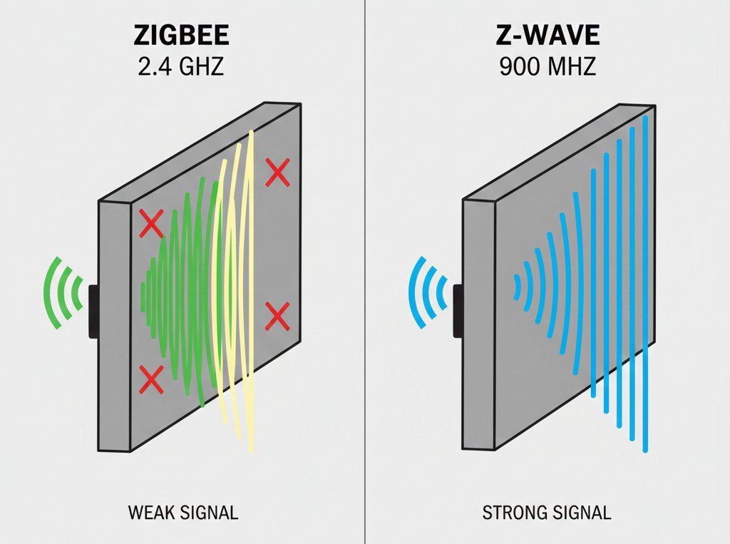 Z-Wave vs Zigbee frequency comparison 900 MHz 2.4 GHz wall penetration diagram