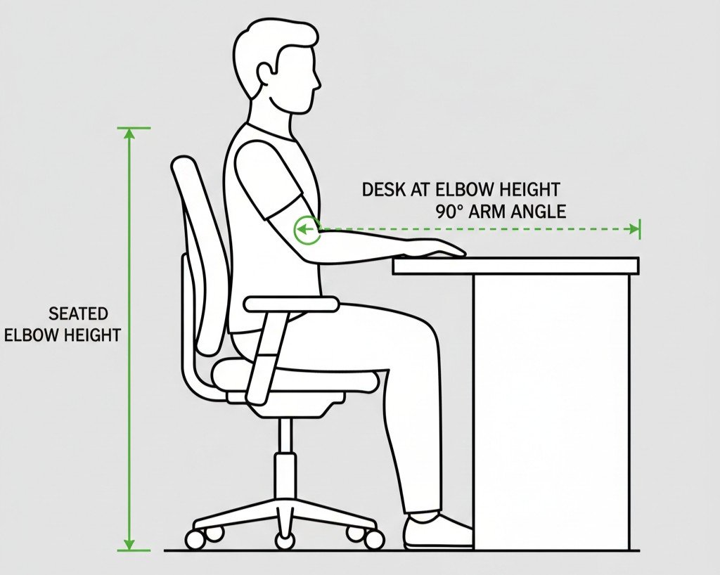 desk height measurement ergonomic setup elbow height 90 degree angle typing position