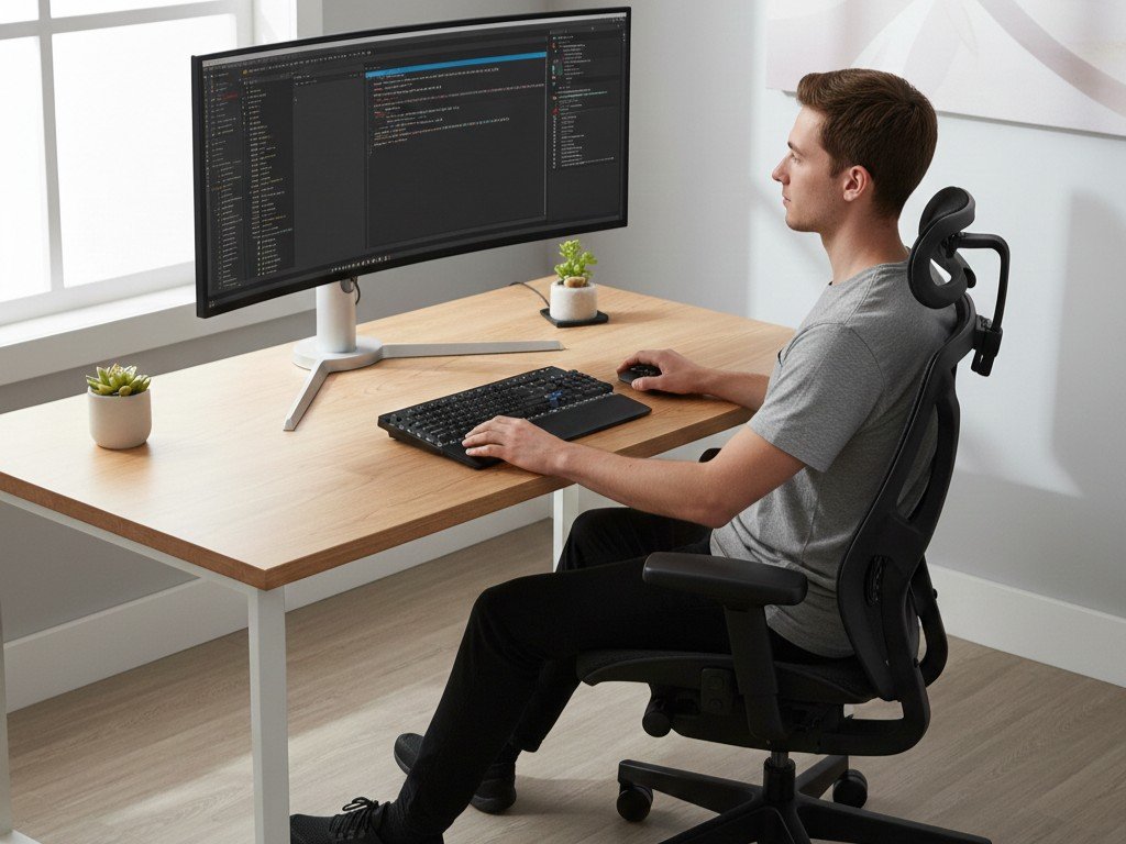 ergonomic workspace setup proper monitor height keyboard position chair lumbar support