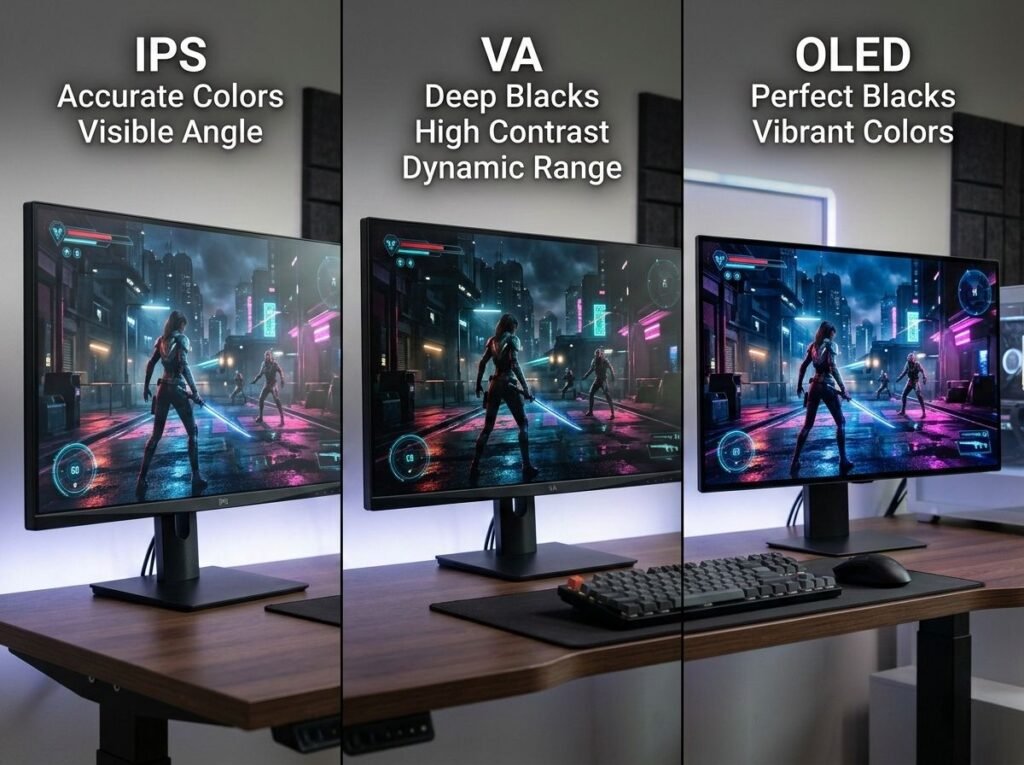IPS vs VA vs OLED display panel comparison side by side gaming scene contrast viewing angles
