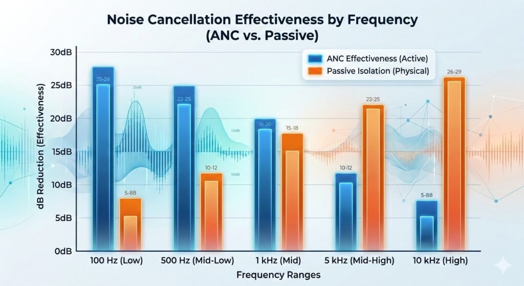 noise cancellation frequency response chart ANC vs passive isolation effectiveness by frequency