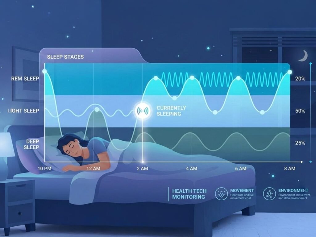 sleep cycles diagram person sleeping REM deep light sleep stages graph night timeline