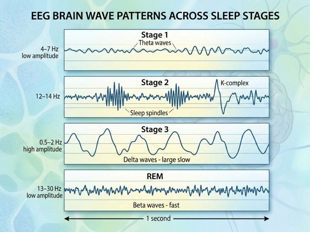 sleep stages brain waves EEG patterns theta delta beta REM deep light sleep diagram