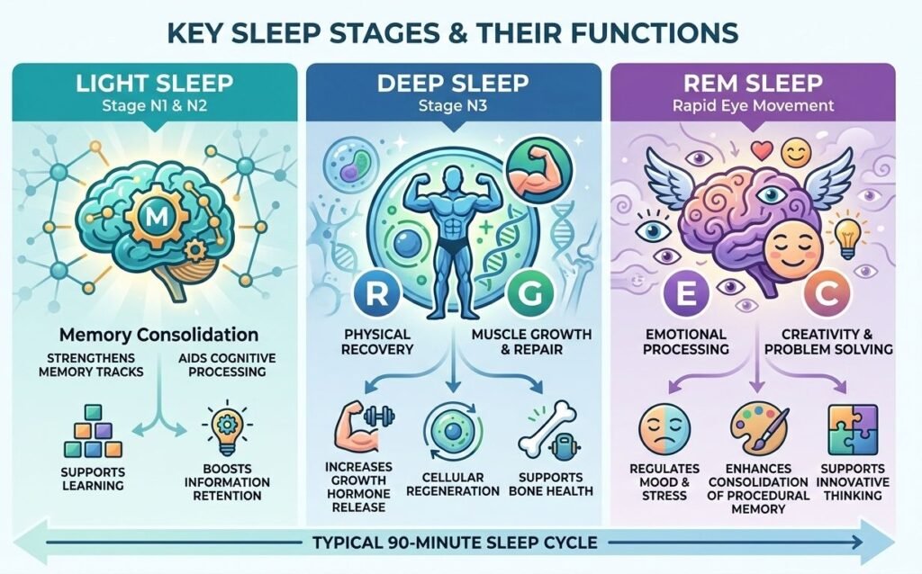 sleep stages functions infographic light deep REM memory physical emotional processing