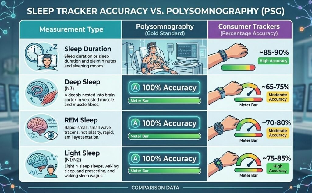 sleep tracker accuracy comparison table polysomnography vs consumer wearables stages measurement