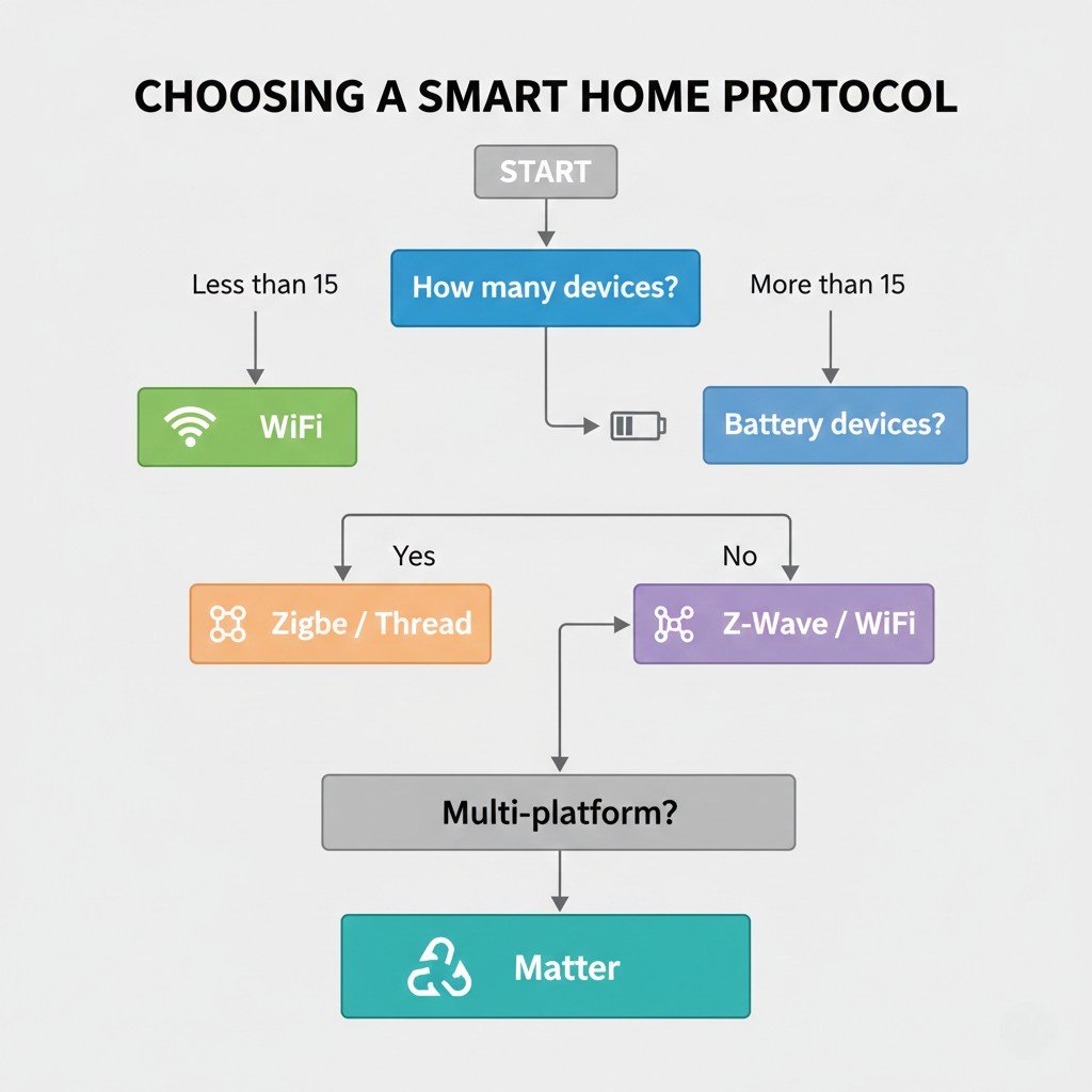 smart home protocol decision flowchart WiFi Zigbee Z-Wave Thread Matter buyer guide