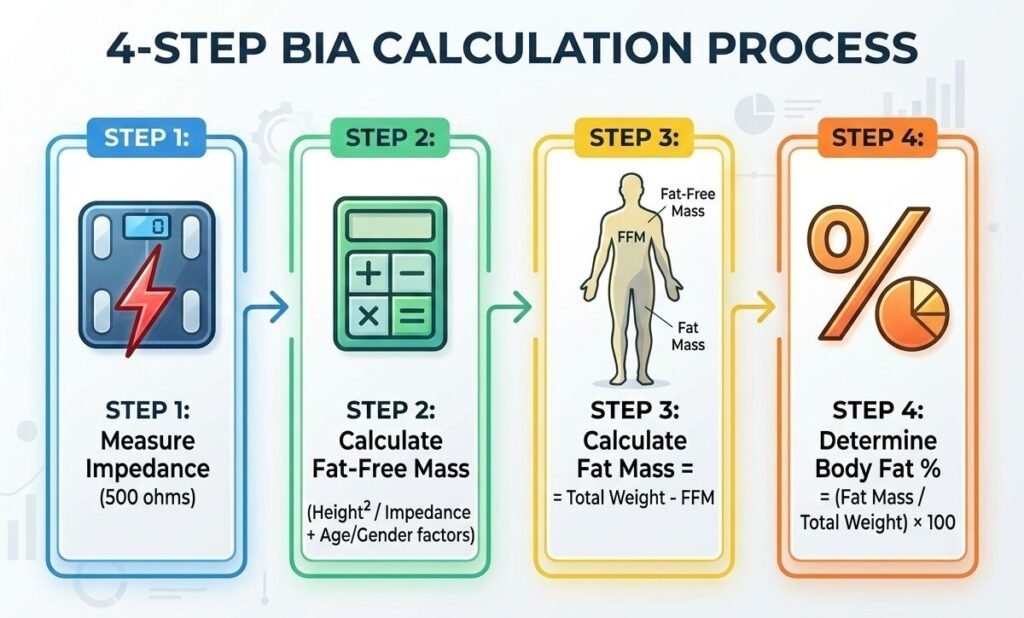 BIA calculation flowchart body fat percentage steps impedance fat-free mass formula process