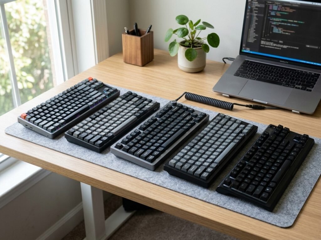 Five best mechanical keyboards for office typing under $100 arranged on a clean desk with natural lighting 2026