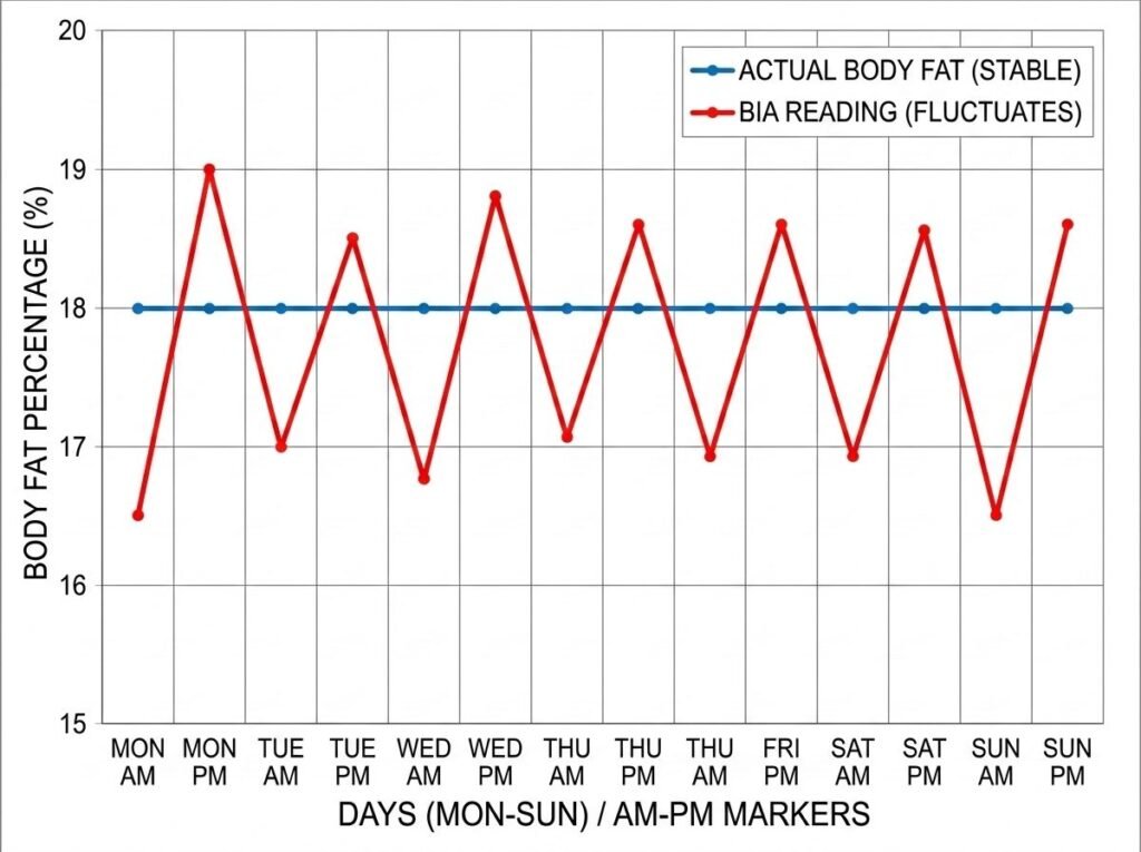 BIA body fat percentage daily fluctuation graph morning evening measurements hydration variation