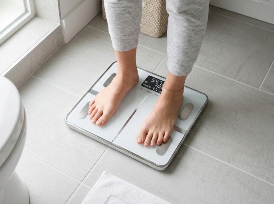 smart scale BIA bioelectrical impedance body fat measurement person feet standing display