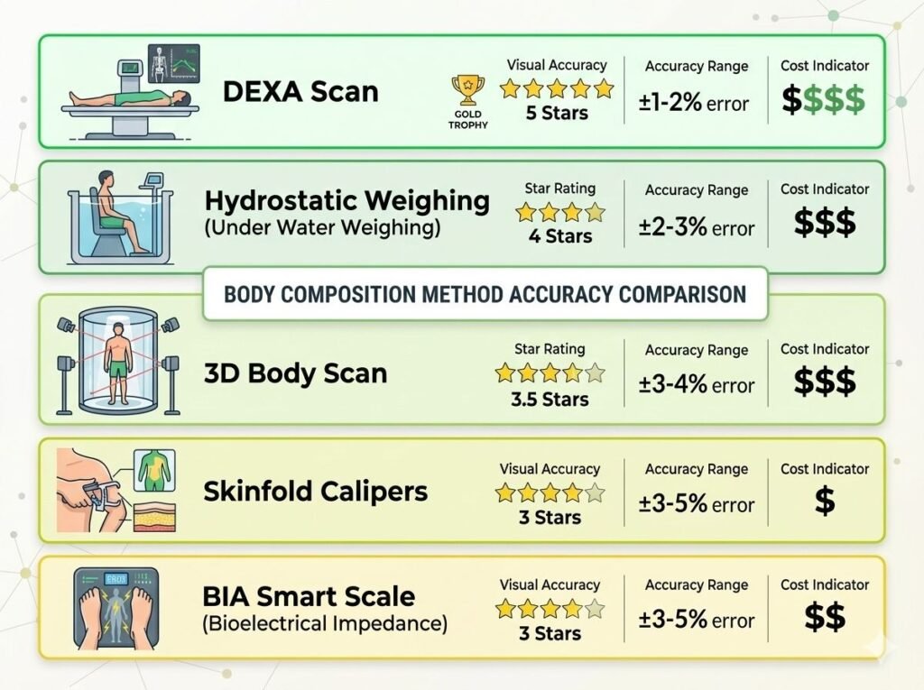 body composition method accuracy comparison DEXA BIA hydrostatic skinfold caliper error rate