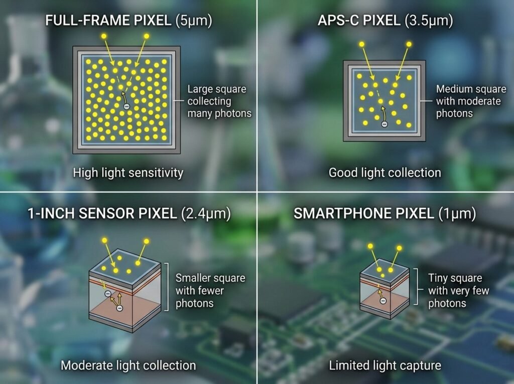 camera pixel size comparison 5 micrometer 3.5 micrometer 1 micrometer light photon collection visualization