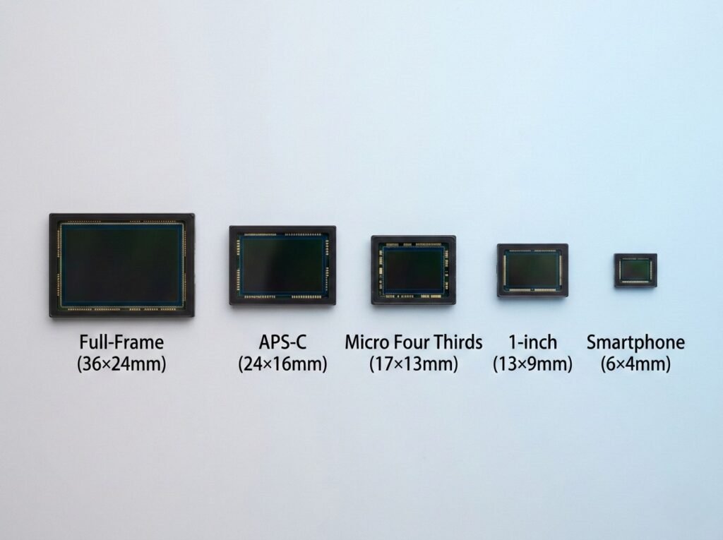 camera sensor size comparison full-frame APS-C micro four thirds 1-inch smartphone physical dimensions
