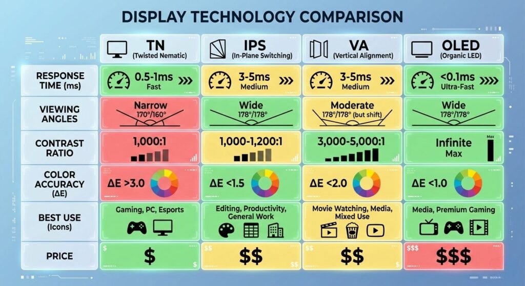 TN IPS VA OLED panel comparison table response time viewing angles contrast color accuracy price