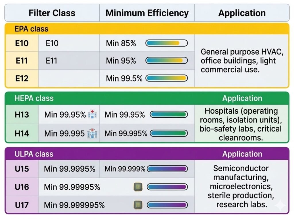 European HEPA filter classification table EN 1822 E10 E11 E12 H13 H14 U15 efficiency ratings