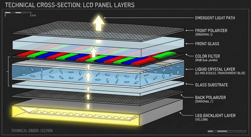 LCD panel structure diagram cross section backlight liquid crystal polarizer color filter layers