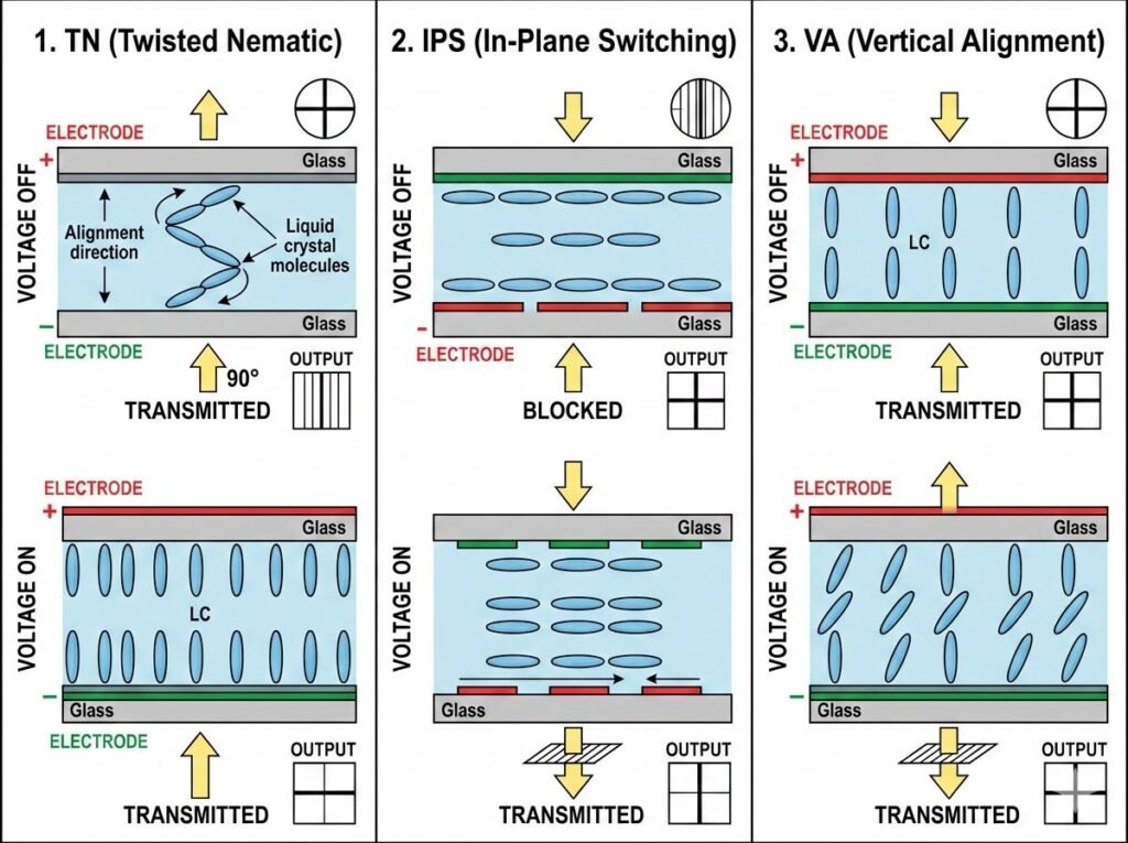 TN IPS VA liquid crystal orientation diagram molecular structure voltage rotation comparison