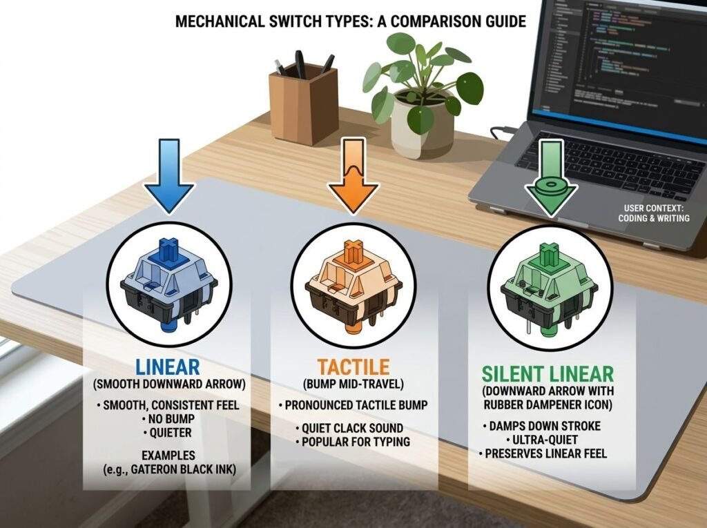 Mechanical keyboard switch types infographic comparing linear tactile and silent switches for office use