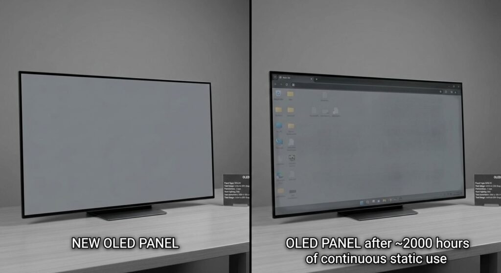 OLED burn-in example before after taskbar icons ghost image permanent damage display