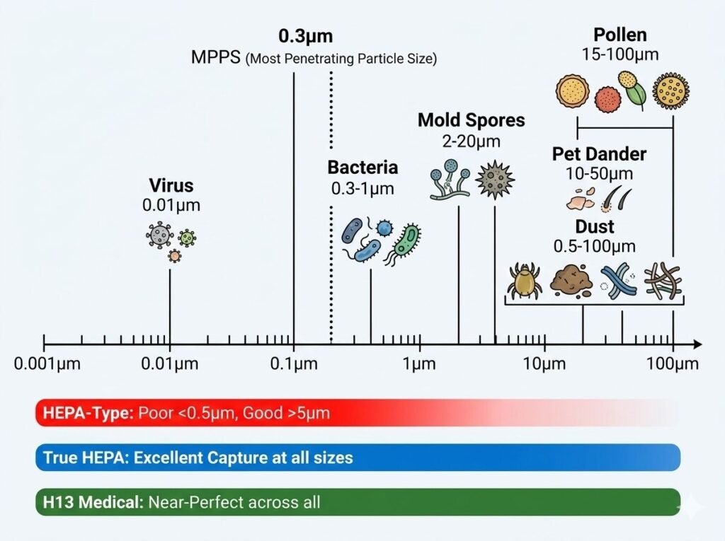 particle size chart HEPA filter effectiveness virus bacteria pollen mold MPPS 0.3 micron