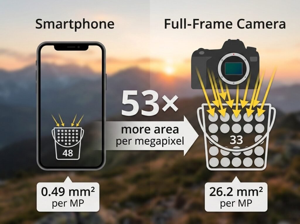 sensor size megapixels comparison infographic smartphone vs full-frame light per pixel area