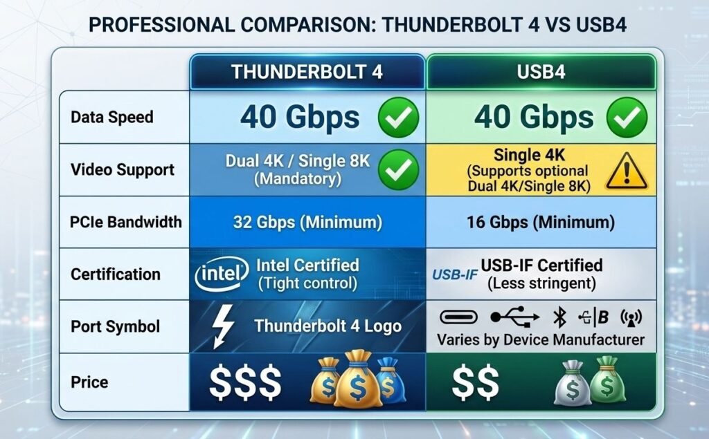 Thunderbolt 4 vs USB4 comparison table features speed video PCIe certification differences