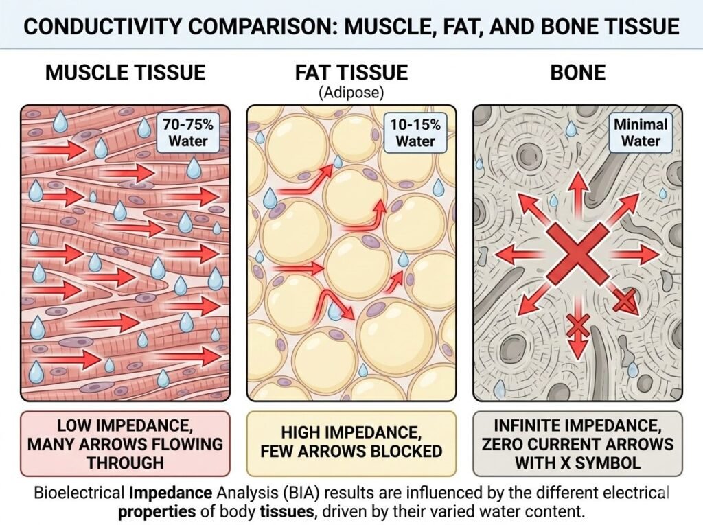 tissue conductivity comparison muscle fat bone electrical impedance BIA water content diagram