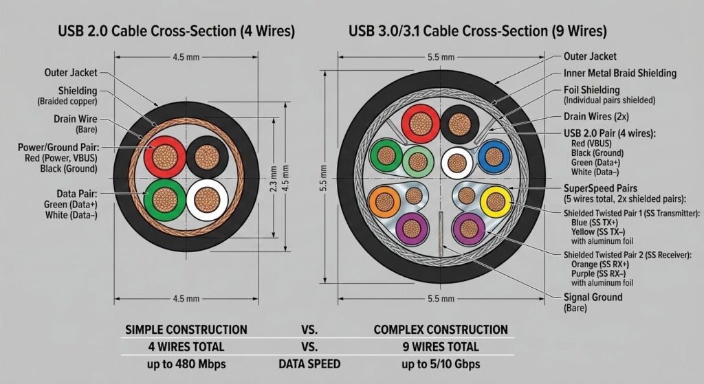 USB cable cross section diagram USB 2.0 vs USB 3.0 internal wiring construction difference