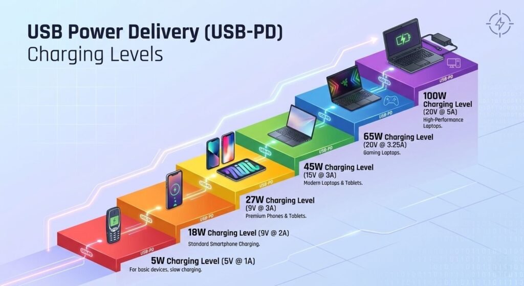 USB Power Delivery charging levels 5W 18W 45W 65W 100W wattage device compatibility