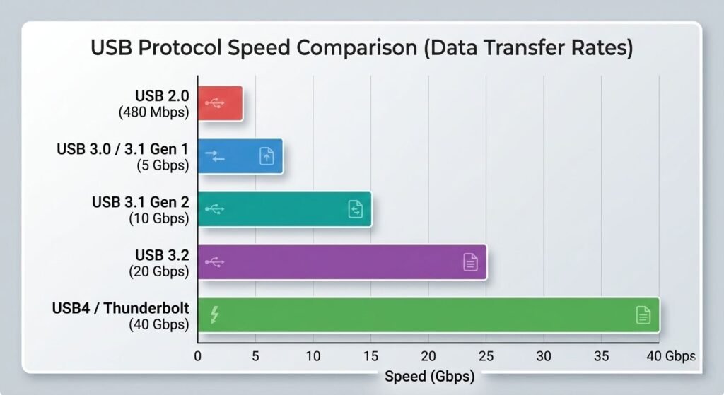 USB protocol speed comparison chart 2.0 3.0 3.1 3.2 USB4 Thunderbolt data transfer rates