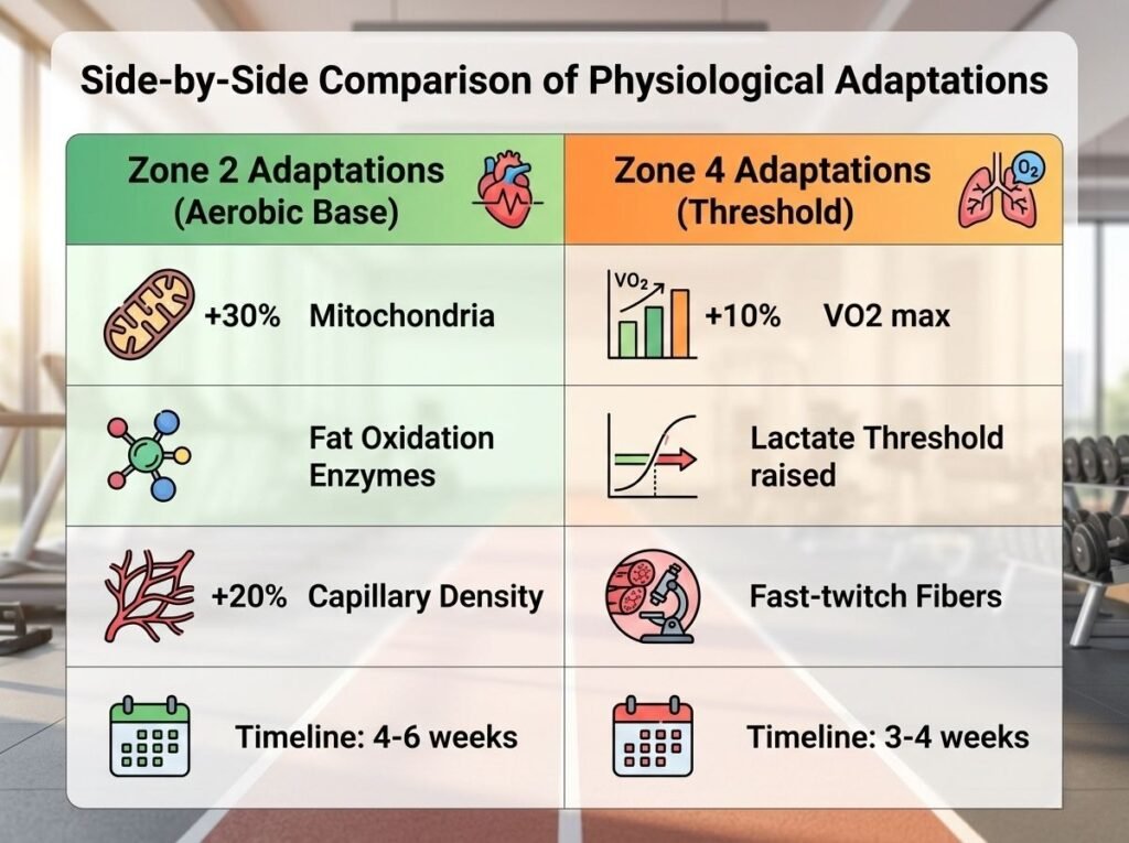 zone 2 vs zone 4 training adaptations comparison mitochondria VO2 max lactate threshold aerobic